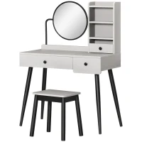HOMCOM Dressing Table Set with Mirror and Stool, Vanity Makeup Table with 3 Drawers and Open Shelves for Bedroom, Living Room, Grey(m-10)