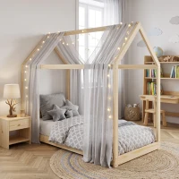 HOMCOM Single Bed Frame, House Scandinavian Wooden Bed Frame for 90W x 190Dcm Mattress, Pine Wood Bed Base, Natural Wood Finish(m-13)