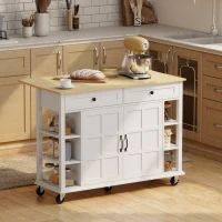 HOMCOM Ilha de Cozinha com Rodas Bancada Dobrável 2 Portas com Fecho Suave 2 Gavetas 6 Prateleiras Abertas 120x65x89 cm Branco(m-10)
