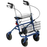 HOMCOM Andador para Ancianos Plegable con Asiento 4 Ruedas Altura Ajustable Frenos de Maneta Cesta Bandeja Porta Bastón Azul(m-11)