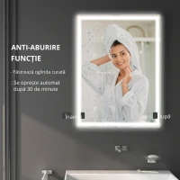 HOMCOM Oglindă pentru baie LED. Buton tactil, funcție anticeață, 60 x 80 x 4 cm, Alb(m-6)