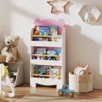AIYAPLAY Libreria per Bambini con 3 Ripiani a Forma di Orsetto con Barriere Frontali, 55x15x110 cm, Rosa(m-10)