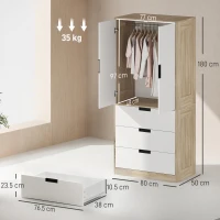 HOMCOM Modern Clothes Storage Cupboard Unit, 3 Drawer 2 Door Wardrobe with Hanging Rod, Oak(m-3)