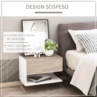 HOMCOM Set 2 Comodini Sospesi a Parete con Cassetto e Mensola Bianco e Rovere(m-4)