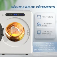 HOMCOM Sèche linge à évacuation, sèche-linge électrique 1000 W 3 Kg, modes Extra Dry et ECO, minuterie, acier inoxydable, blanc(m-5)