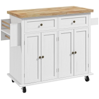HOMCOM Rolling Kitchen Island Storage Trolley with Rubber Wood Top & Drawers for Dining Room, White