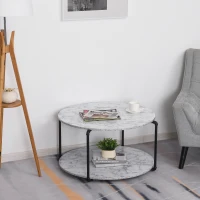 HOMCOM Table Basse Ronde avec étagère dim. Ø 80 x 45H cm Panneaux Particules Imitation marbre Blanc métal Noir(m-9)
