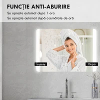 HOMCOM Oglindă pentru baie cu lumină LED reglabilă în 3 temperaturi, întrerupător tactil și sistem anti-aburire, 70x50 cm(m-6)