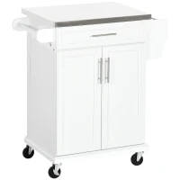 HOMCOM Wooden Kitchen Island on Wheels, Serving Cart Storage Trolley with Stainless Steel Top, Drawer, Side Handle and Rack, White(m-10)
