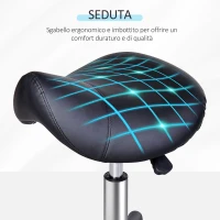HOMCOM Sgabello Girevole a Sella con Ruote e Altezza Regolabile, Imbottito e Rivestito in Finta Pelle, Nero(m-6)
