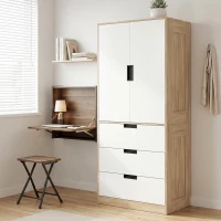 HOMCOM Modern Clothes Storage Cupboard Unit, 3 Drawer 2 Door Wardrobe with Hanging Rod, Oak(m-8)