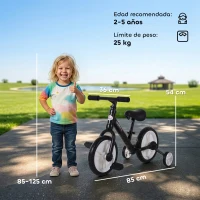 HOMCOM Bicicleta de Equilibrio con Pedales y Ruedas Entrenamiento Extraíbles de Asiento Regulable 33-38cm Niños +24 Meses Carga 25kg Negro(m-3)