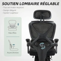 HOMCOM Chaise Bureau Ergonomique avec Appui-Tête Réglable, Fauteuil de Bureau Inclinable en Maille, Dossier Séparé, Noir(m-5)