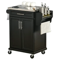HOMCOM Dessert cuisine desserte à roulettes îlot central cuisine avec plateau en acier inox, étagère réglable, tiroir, porte-épices, porte-couteaux, 83,5 x 45,7 x 90,5 cm, noir(m-1)