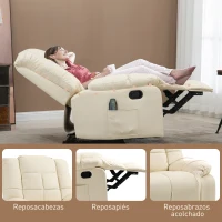 HOMCOM Sillón de Masaje Reclinable con 8 Puntos de Masaje Mando a Distancia Tapizado en PU Reposapiés Bolsillo Lateral Crema(m-7)
