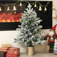 HOMCOM Weihnachtsbaum mit Tannenzapfen, schneebedeckt, flammenhemmend, stabil, Ø60 x 100H cm, Grün/Gold(m-10)