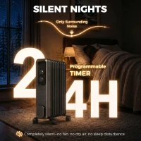 HOMCOM 2000W Oil Filled Radiator, 9 Fin, Portable Electric Heater with 3 Heat Settings, Safety Cut-Off and Wheels, Grey(m-6)
