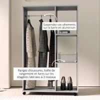 HOMCOM Armoire penderie meuble de rangement mobile 4 roulettes avec tringle à vêtements et étagères ouvertes, gris(m-7)