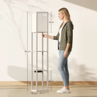 HOMCOM Lampada da Terra con Ripiani, Luce Regolabile, Interruttore a Pedale e Porte USB, Bianco e Rovere(m-3)