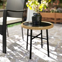 Outsunny Table Basse Ronde de Jardin, Table d'Appoint Exterieur en Résine Tressée et Plateau en Verre Trempé, 46x46x43cm, Naturel(m-10)