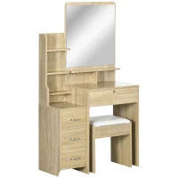 HOMCOM Ensemble de coiffeuse table de maquillage avec tabouret rembourré grand miroir + plusieurs étagères ouvertes + 4 tiroirs bois naturel(m-11)