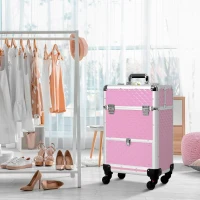 HOMCOM Maletín de Maquillaje Profesional con Cajón Maleta de Maquillaje con Ruedas para Viaje Trabajo 34x25x62 cm Rosa(m-2)