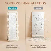 HOMCOM Miroir Pleine Longueur 160 x 60 cm, Miroir Ondulé sur Pied ou Mural, Cadre Effet Velours et Verre Trempé, Crème(m-7)