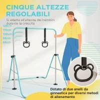 HOMCOM Sbarra Ginnastica Artistica per Bambini ad Altezza Regolabile con 2 Anelli, in Acciaio, Verde Chiaro(m-4)