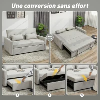 HOMCOM Canapé convertible 2 places 3 en 1, canapé-lit clic-clac, lit gigogne, dossier réglable, 158x85x85cm, marron clair(m-4)