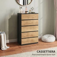 HOMCOM Cassettiera 5 Cassetti in Legno con Maniglie Scanalate, 60x39x100 cm, Nero e Rovere(m-4)