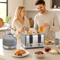 HOMCOM Stainless Steel Kettle and Toaster Set, 1.7L 3000W Cordless Fast Boil Kettle, 4 Slice Toaster Kitchen Set, Grey(m-8)