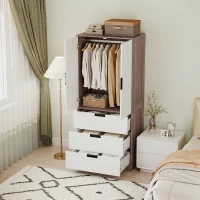 HOMCOM Modern Clothes Storage Cupboard Unit, 3 Drawer 2 Door Wardrobe with Hanging Rod, White/Brown(m-7)