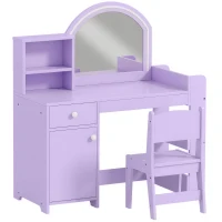 AIYAPLAY Kids Vanity Table and Chair Set, Kids Vanity Table with 2-Colour LED Mirror, Stool, Cabinet, Drawer, Shelves, Purple(m-1)