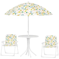 AIYAPLAY Conjunto de Mesa y Sillas Infantil de Jardín 4 Piezas Sillas Plegables Sombrilla Ajustable Diseño de Elefantes Blanco(m-11)