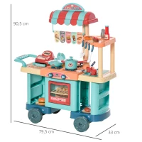 HOMCOM Cocina de Juguete para Niños de 3-6 Años con Ruedas Caja Registradora y Accesorios 79,5x33x90,5 cm Multicolor(m-3)