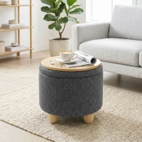 HOMCOM Storage Sitting Bench with Lid, Round Storage Ottoman with Rubberwood Legs, Dark Grey(m-14)