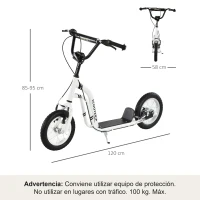 HOMCOM Patinete para Niños Mayores de 5 Años Scooter 2 Neumáticos Inflables de Caucho con Frenos Manillar Ajustable Pedal Antideslizante 120x58x85-95 cm Blanco(m-3)