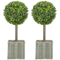 HOMCOM Set of 2 Decorative Artificial Plants, 50cm Faux Boxwood Topiary Balls with Woven Plastic Pot and Pebbles, Fake Plants for Home or Office Decor, Green(m-1)
