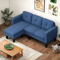 HOMCOM Canapé d'angle 3 Places méridienne réversible droite ou gauche, salon, grand confort, dossier capitonné, bleu(m-8)