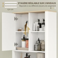 HOMCOM Meuble de rangement au-dessus des toilettes avec porte cannelée, compartiments, étagère réglable, 65x25x170cm, blanc(m-6)