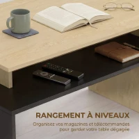 HOMCOM Table Basse Moderne Bicolore à Niveaux Décalés avec Étagère de Rangement, 95 x 55 x 50 cm, Bois Naturel et Noir(m-5)