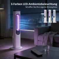 HOMCOM Rotorloser Turmventilator für Schlafzimmer, 35 dB leiser Standventilator mit 50° Oszillation, LED-Leuchten, 3 Geschwindigkeiten, 15-Stunden-Timer, Weiß(m-4)