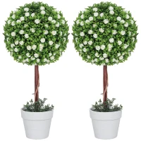 HOMCOM Set of 2 Decorative Artificial Plants, Ball Topiary Tree with Rose Flower in Pot, Fake Plants for Home Indoor Outdoor Decor, 60cm, White(m-11)