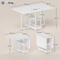 HOMCOM Table à manger pliante sur roulettes 4 personnes avec compartiments ouverts, pour petits espaces, salle à manger, blanc(m-3)