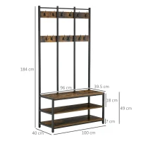 HOMCOM Coat Rack Stand, Free Standing Hall Tree, Coat Stand with Hooks, Bench and Shoe Rack, 100cm x 38.5cm x 185.5cm, Industrial Style, Rustic Brown and Black(m-3)