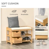 HOMCOM Wooden 2 Tier Shoe Storage Bench Rack Shelves Cushioned Seat  Entryway Hallway Organiser with 2 Drawers - Natural Wood Colour(m-5)