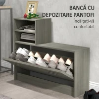 HOMCOM Set de mobilier pentru hol cu cuier, oglindă, bancă cu raft și dulap pentru 8 perechi de pantofi, gri(m-6)