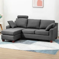 HOMCOM Divano Angolare a 3 Posti con Poggiapiedi e Cuscini, Divanetto a forma L per Salotto e Soggiorno, in Tessuto di Lino, Grigio Scuro, 195 x 81 x 86cm(m-10)