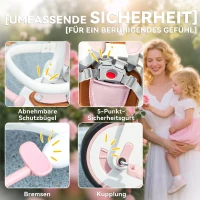 AIYAPLAY Triciclu pentru copii 5 în 1 cu mâner de împingere și acoperire detașabilă, 96,5x49x101 cm, roz(m-5)