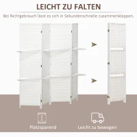 HOMCOM Paravent 4-teilig 181 x 180 cm Faltbar Raumteiler mit 2 Regalen aus Kiefernholz, Bambus für Schlafzimmer, Weiß(m-4)